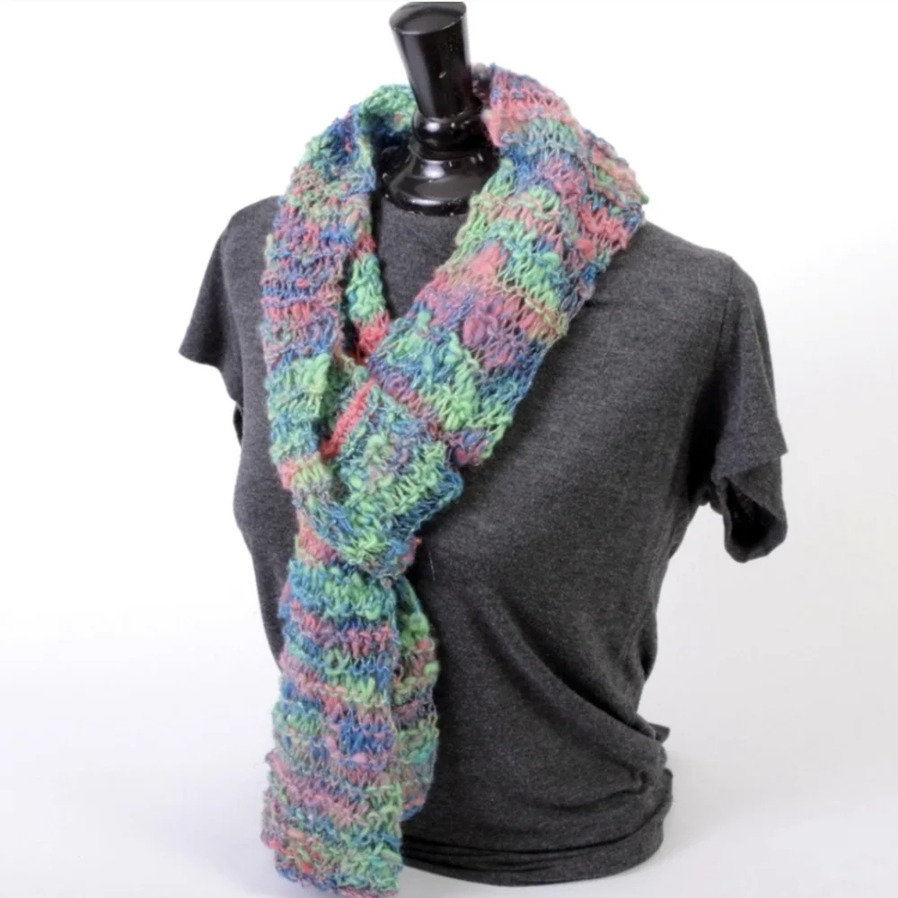 Scarf Handknit from Hand Spun Yarn Wool Bamboo & Silver Thread Handmade Unique